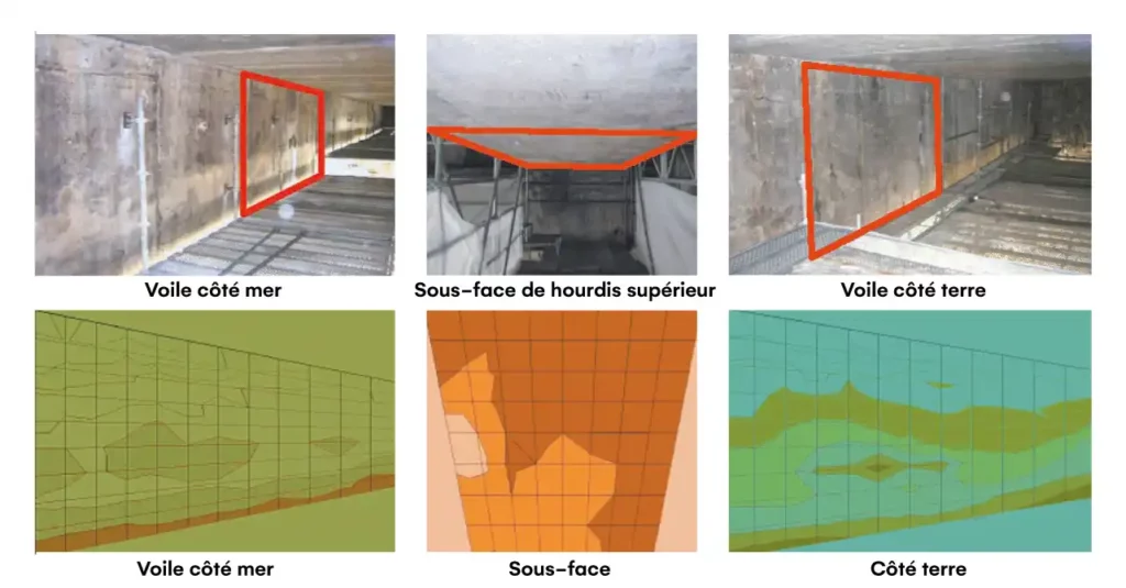 Mesure de l'activité de la corrosion par potentiel d'électrodes. Les couleurs les plus "chaudes" correspondent aux zones de corrosion active