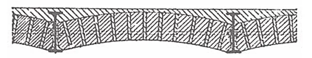 Schéma technique illustrant la composition d'un plancher avec entrevous en forme de voûte, montrant les poutrelles porteuses et les éléments de remplissage voûtés.